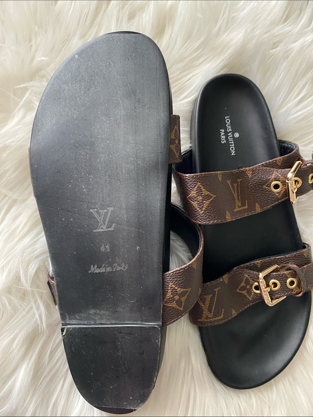 Louis Vuitton Monogram Double Buckle Slides - Brown & Black with Gold Hardware - Picture 8 of 10